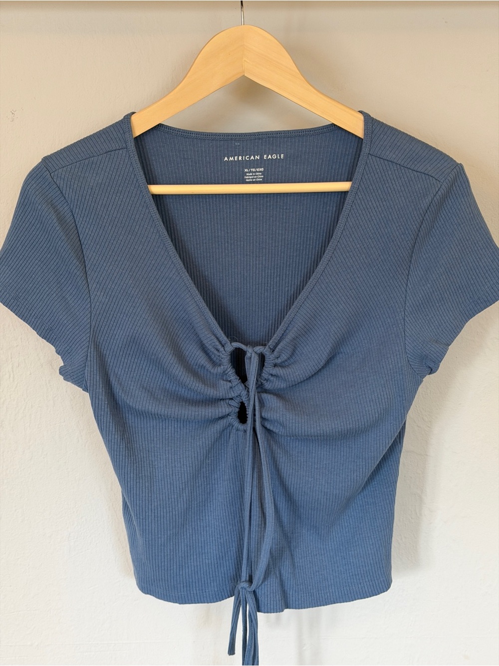 American Eagle Outfitters Slate Blue Ribbed Drawstring Crop Top